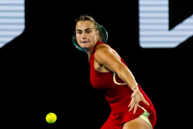 MELBOURNE, VIC - JANUARY 21: Aryna Sabalenka of Belarus in action during the 4th round of the 2024 Australian Open on January 21 2024, at Melbourne Park in Melbourne, Australia. (Photo by Jason Heidrich Icon Sportswire) TENNIS: JAN 21 Australian Open EDITORIAL USE ONLY Icon240121068