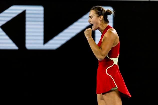 MELBOURNE, VIC - JANUARY 21: Aryna Sabalenka of Belarus celebrates during the 4th round of the 2024 Australian Open on January 21 2024, at Melbourne Park in Melbourne, Australia. (Photo by Jason Heidrich Icon Sportswire) TENNIS: JAN 21 Australian Open EDITORIAL USE ONLY Icon240121073