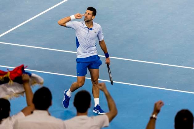 MELBOURNE, VIC - JANUARY 21: Novak Djokovic of Serbia responds to the crowd during the 4th round of the 2024 Australian Open on January 21 2024, at Melbourne Park in Melbourne, Australia. (Photo by Jason Heidrich Icon Sportswire) TENNIS: JAN 21 Australian Open EDITORIAL USE ONLY Icon240121119