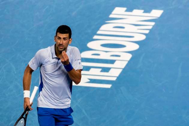 MELBOURNE, VIC - JANUARY 21: Novak Djokovic of Serbia shows his frustration during the 4th round of the 2024 Australian Open on January 21 2024, at Melbourne Park in Melbourne, Australia. (Photo by Jason Heidrich Icon Sportswire) TENNIS: JAN 21 Australian Open EDITORIAL USE ONLY Icon240121125