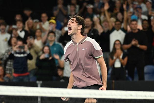 TENNIS AUSTRALIAN OPEN, Taylor Fritz of USA reacts after winning his 4th round match against Stefanos Tsitsipas of Greece on Day 8 of the 2024 Australian Open at Melbourne Park in Melbourne, Sunday, January 21, 2024. ( NO ARCHIVING, EDITORIAL USE ONLY, NO USE IN BOOKS WITHOUT CONSENT MELBOURNE VICTORIA AUSTRALIA  Copyright: xJAMESxROSSx 20240121001891696431