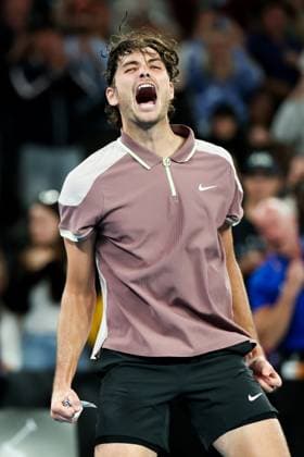 January 21, 2024, Melbourne, Victoria, Australia: MELBOURNE, AUSTRALIA - JANUARY 21: Taylor Fritz of USA celebrates beating Stefanos Tsitsipas of Greece on day 8 of the 2024 Australian Open at Melbourne Park on January 21, 2024 in Melbourne, Australia. Melbourne Australia - ZUMAp121 20240121_zsp_p121_072 Copyright: xChrisxPutnamx