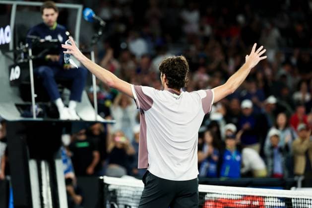 January 21, 2024, Melbourne, Victoria, Australia: MELBOURNE, AUSTRALIA - JANUARY 21: Taylor Fritz of USA celebrates beating Stefanos Tsitsipas of Greece on day 8 of the 2024 Australian Open at Melbourne Park on January 21, 2024 in Melbourne, Australia. Melbourne Australia - ZUMAp121 20240121_zsp_p121_077 Copyright: xChrisxPutnamx