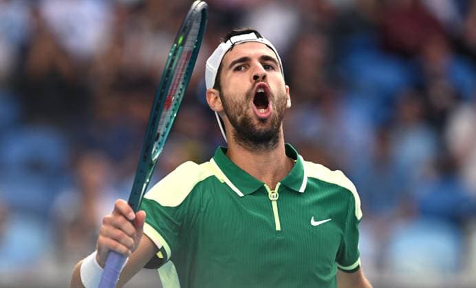 TENNIS AUSTRALIAN OPEN, Karen Khachanov of Russia celebrates during his 4th round match against Jannik Sinner of Italy on Day 8 of the 2024 Australian Open at Melbourne Park in Melbourne, Sunday, January 21, 2024. ( NO ARCHIVING, EDITORIAL USE ONLY, NO USE IN BOOKS WITHOUT CONSENT MELBOURNE VICTORIA AUSTRALIA  Copyright: xLUKASxCOCHx 20240121001891706125
