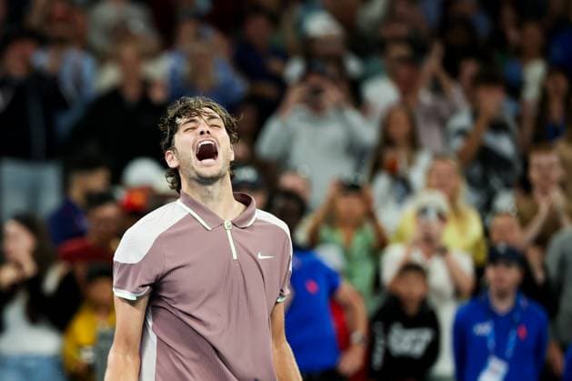 January 21, 2024, Melbourne, Victoria, Australia: MELBOURNE, AUSTRALIA - JANUARY 21: Taylor Fritz of USA celebrates beating Stefanos Tsitsipas of Greece on day 8 of the 2024 Australian Open at Melbourne Park on January 21, 2024 in Melbourne, Australia. Melbourne Australia - ZUMAp121 20240121_zsp_p121_094 Copyright: xChrisxPutnamx
