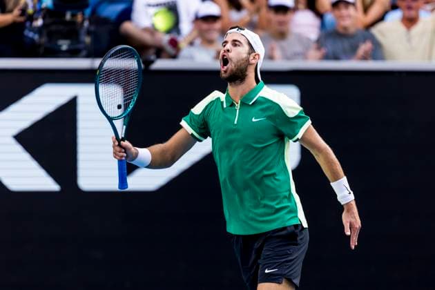 MELBOURNE, VIC - JANUARY 21: Karen Khachanova of Russia celebrates after winning the point after hitting the ball between his legs during the 4th round of the 2024 Australian Open on January 21 2024, at Melbourne Park in Melbourne, Australia. (Photo by Jason Heidrich Icon Sportswire) TENNIS: JAN 21 Australian Open EDITORIAL USE ONLY Icon240121203