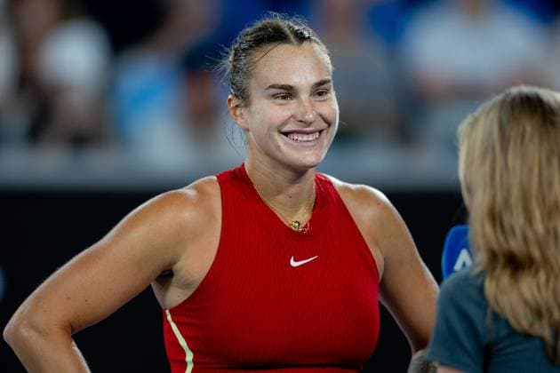 (240121) -- MELBOURNE, Jan. 21, 2024 -- Aryna Sabalenka gets interviewed after the women s singles 4th round match between Aryna Sabalenka of Belarus and Amanda Anisimova of the United States at the Australian Open tennis tournament in Melbourne, Australia, Jan. 21, 2024. (Photo by Xinhua) (SP)AUSTRALIA-MELBOURNE-TENNIS-AUSTRALIAN OPEN ChuxChen 