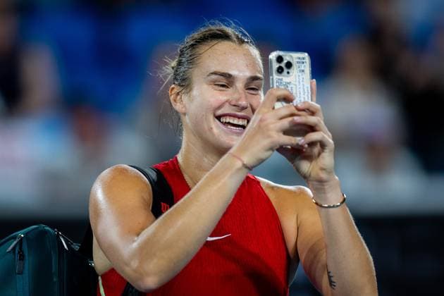 (240121) -- MELBOURNE, Jan. 21, 2024 -- Aryna Sabalenka gestures after the women s singles 4th round match between Aryna Sabalenka of Belarus and Amanda Anisimova of the United States at the Australian Open tennis tournament in Melbourne, Australia, Jan. 21, 2024. (Photo by Xinhua) (SP)AUSTRALIA-MELBOURNE-TENNIS-AUSTRALIAN OPEN ChuxChen 
