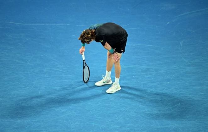 TENNIS AUSTRALIAN OPEN, Andrey Rublev of Russia reacts during his 4th round match against Alex de Minaur of Australia on Day 8 of the 2024 Australian Open at Melbourne Park in Melbourne, Sunday, January 21, 2024. ( NO ARCHIVING, EDITORIAL USE ONLY, NO USE IN BOOKS WITHOUT CONSENT MELBOURNE VICTORIA AUSTRALIA  Copyright: xJAMESxROSSx 20240121001891738344