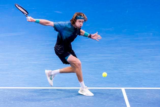 MELBOURNE, VIC - JANUARY 21: Andrey Rublev of Russia in action during the 4th round of the 2024 Australian Open on January 21 2024, at Melbourne Park in Melbourne, Australia. (Photo by Jason Heidrich Icon Sportswire) TENNIS: JAN 21 Australian Open EDITORIAL USE ONLY Icon240121214