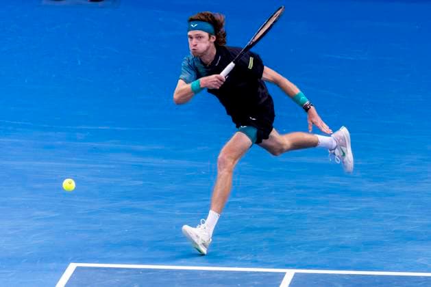 MELBOURNE, VIC - JANUARY 21: Andrey Rublev of Russia in action during the 4th round of the 2024 Australian Open on January 21 2024, at Melbourne Park in Melbourne, Australia. (Photo by Jason Heidrich Icon Sportswire) TENNIS: JAN 21 Australian Open EDITORIAL USE ONLY Icon240121221