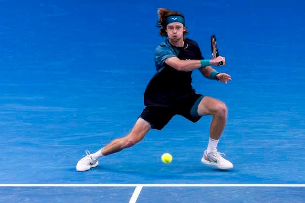 MELBOURNE, VIC - JANUARY 21: Andrey Rublev of Russia in action during the 4th round of the 2024 Australian Open on January 21 2024, at Melbourne Park in Melbourne, Australia. (Photo by Jason Heidrich Icon Sportswire) TENNIS: JAN 21 Australian Open EDITORIAL USE ONLY Icon240121224