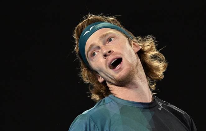 TENNIS AUSTRALIAN OPEN, Andrey Rublev of Russia reacts during his 4th round match against Alex de Minaur of Australia on Day 8 of the 2024 Australian Open at Melbourne Park in Melbourne, Sunday, January 21, 2024. ( NO ARCHIVING, EDITORIAL USE ONLY, NO USE IN BOOKS WITHOUT CONSENT MELBOURNE VICTORIA AUSTRALIA  Copyright: xLUKASxCOCHx 20240121001891740194