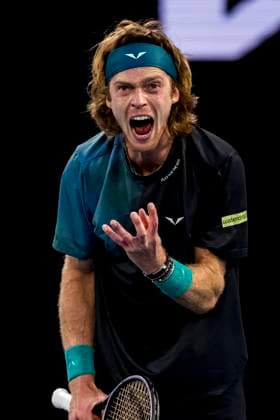 MELBOURNE, VIC - JANUARY 21: Andrey Rublev of Russia shows his frustration during the 4th round of the 2024 Australian Open on January 21 2024, at Melbourne Park in Melbourne, Australia. (Photo by Jason Heidrich Icon Sportswire) TENNIS: JAN 21 Australian Open EDITORIAL USE ONLY Icon240121237
