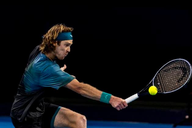 MELBOURNE, VIC - JANUARY 21: Andrey Rublev of Russia in action during the 4th round of the 2024 Australian Open on January 21 2024, at Melbourne Park in Melbourne, Australia. (Photo by Jason Heidrich Icon Sportswire) TENNIS: JAN 21 Australian Open EDITORIAL USE ONLY Icon240121238