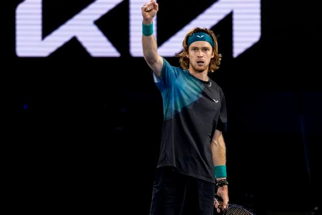 MELBOURNE, VIC - JANUARY 21: Andrey Rublev of Russia celebrates during the 4th round of the 2024 Australian Open on January 21 2024, at Melbourne Park in Melbourne, Australia. (Photo by Jason Heidrich Icon Sportswire) TENNIS: JAN 21 Australian Open EDITORIAL USE ONLY Icon240121242