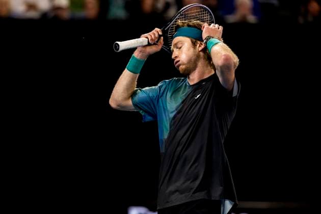 MELBOURNE, VIC - JANUARY 21: Andrey Rublev of Russia shows his frustration during the 4th round of the 2024 Australian Open on January 21 2024, at Melbourne Park in Melbourne, Australia. (Photo by Jason Heidrich Icon Sportswire) TENNIS: JAN 21 Australian Open EDITORIAL USE ONLY Icon240121254