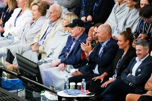 January 21, 2024, Melbourne, Victoria, Australia: MELBOURNE, AUSTRALIA - JANUARY 21: Rod Laver and Josh Frydenberg with others watch Alex de Minaur of Australia play Andrey Rublev of Russia on day 8 of the 2024 Australian Open at Melbourne Park on January 21, 2024 in Melbourne, Australia. Melbourne Australia - ZUMAp121 20240121_zsp_p121_130 Copyright: xChrisxPutnamx