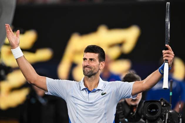 Novak Djokovic (SRB) celebrates winning his fourth round match Australian Open, Day Eight, Tennis, Melbourne Park, Melbourne, Australia - 21 Jan 2024  Copyright: xJamesxGourley Shutterstockx 14306289dj
