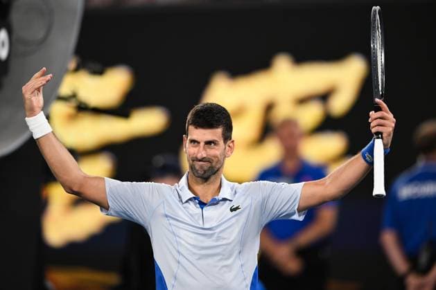 Novak Djokovic (SRB) celebrates winning his fourth round match Australian Open, Day Eight, Tennis, Melbourne Park, Melbourne, Australia - 21 Jan 2024  Copyright: xJamesxGourley Shutterstockx 14306289dg