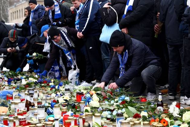 21 01 2024, xtgx, Soccer 2 Bundesliga, Hertha BSC Berlin Fortuna Duesseldorf emspor, v l Mourning for President President Kay Bernstein Hertha BSC Berlin in front of the Olympic Stadium Flowers, candles, condolences, flags, scarves DFL DFB REGULATIONS PROHIBIT ANY USE OF PHOTOGRAPHS as IMAGE SEQUENCES and or QUASI VIDEO Berlin