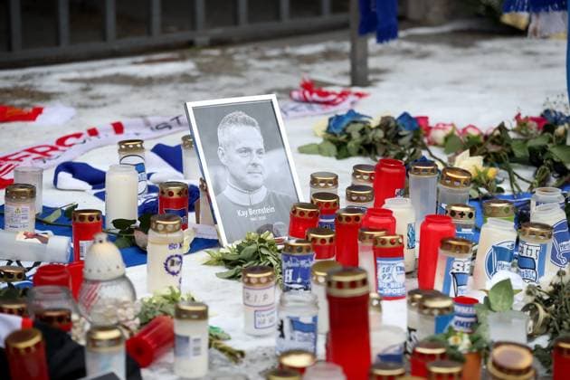 21 01 2024, xtgx, Soccer 2 Bundesliga, Hertha BSC Berlin Fortuna Duesseldorf emspor, v l Mourning for President President Kay Bernstein Hertha BSC Berlin in front of the Olympic Stadium Flowers, candles, condolences, flags, scarves DFL DFB REGULATIONS PROHIBIT ANY USE OF PHOTOGRAPHS as IMAGE SEQUENCES and or QUASI VIDEO Berlin