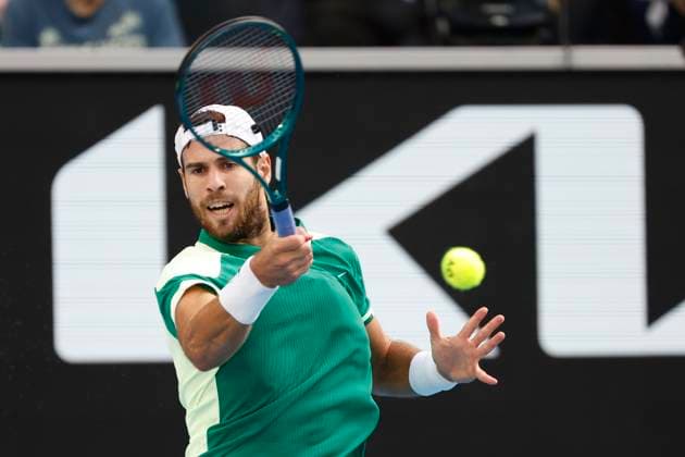 January 21, 2024, Melbourne, Victoria, Australia: Karen Khachanov in action during their round four singles match against Jannik Sinner ( ITA) on day eight of the 2024 Australian Open at Melbourne Park on January 21, 2024 in Melbourne, Australia. Melbourne Australia - ZUMAl131 20240121_zsp_l131_060 Copyright: xCiroxDexLucax