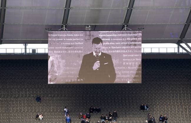 Soccer, Men, Season 2023 2024, 2 Bundesliga 18 Matchday , Hertha BSC Fortuna Düsseldorf, Memorial to the late President Kay Bernstein Hertha BSC , in the picture the service from the chapel is broadcast in the stadium, 21 01 2024, Copyright: xMatthiasxKochx
