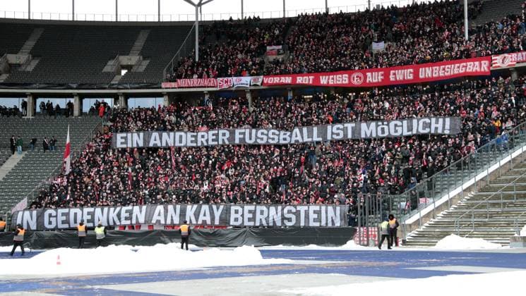 Düsseldorf fans with banner poster, mourning for President Kay Bernstein, deceased on 16 01 2024 Sports Football Soccer DFL 2 Bundesliga Men 18 Matchday Season 2023 2024 21 01 2024 Hertha BSC Berlin vs Fortuna Düsseldorf DFL regulations prohibit any use of photographs as image sequences and or quasi video