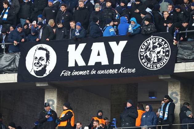 21 01 2024, xtgx, Soccer 2 Bundesliga, Hertha BSC Berlin Fortuna Duesseldorf emspor, v l banner poster sign for the deceased Kay Bernstein mourning grief among the fans DFL DFB REGULATIONS PROHIBIT ANY USE OF PHOTOGRAPHS as IMAGE SEQUENCES and or QUASI VIDEO Berlin