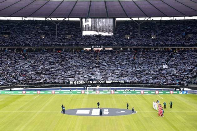 21 01 2024, xtgx, Soccer 2 Bundesliga, Hertha BSC Berlin Fortuna Duesseldorf emspor, v l banner poster sign for the deceased Kay Bernstein mourning fans DFL DFB REGULATIONS PROHIBIT ANY USE OF PHOTOGRAPHS as IMAGE SEQUENCES and or QUASI VIDEO Berlin