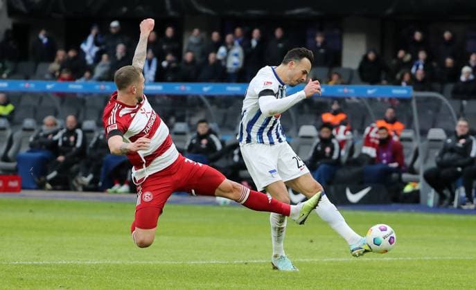 Andre Hoffmann, Haris Tabakovic scores the goal for 1 0 duel Match scene Action Sport Soccer Football DFL 2 Bundesliga Men 18 Matchday Season 2023 2024 21 01 2024 Hertha BSC Berlin vs Fortuna Düsseldorf DFL regulations prohibit any use of photographs as image sequences and or quasi video