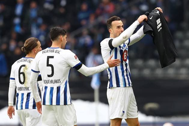 21 01 2024, xtgx, Fußball 2 Bundesliga, Hertha BSC Berlin Fortuna Duesseldorf emspor, v l Torjubel nach dem Tor zum celebrating the goal celebrate 1 0 durch Haris Tabakovic Hertha BSC Berlin DFL DFB REGULATIONS PROHIBIT ANY USE OF PHOTOGRAPHS as IMAGE SEQUENCES and or QUASI VIDEO Berlin