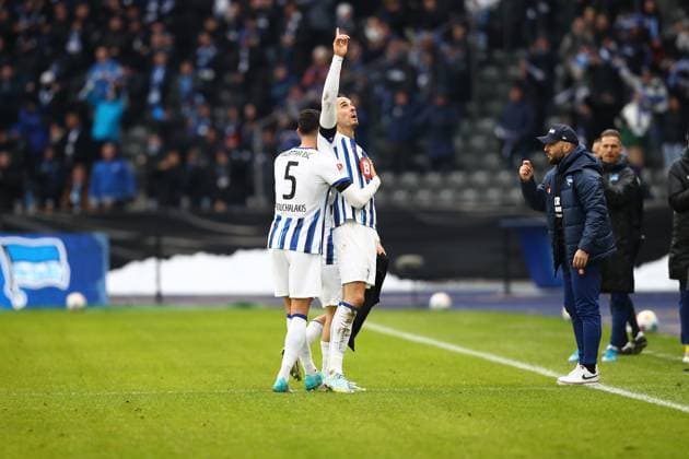 21 01 2024, xtgx, Fußball 2 Bundesliga, Hertha BSC Berlin Fortuna Duesseldorf emspor, v l Torjubel nach dem Tor zum celebrating the goal celebrate 1 0 durch Haris Tabakovic Hertha BSC Berlin DFL DFB REGULATIONS PROHIBIT ANY USE OF PHOTOGRAPHS as IMAGE SEQUENCES and or QUASI VIDEO Berlin