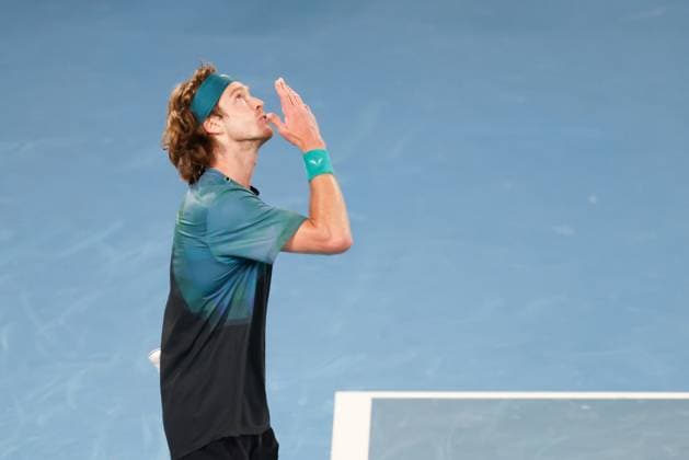 January 21, 2024, Melbourne, Victoria, Australia: MELBOURNE, AUSTRALIA - JANUARY 21: Andrey Rublev of Russia celebrates beating Alex de Minaur of Australia on day 8 of the 2024 Australian Open at Melbourne Park on January 21, 2024 in Melbourne, Australia. Melbourne Australia - ZUMAp121 20240121_zsp_p121_164 Copyright: xChrisxPutnamx