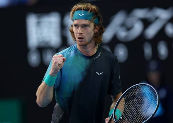 Andrey Rublev of Russia celebrates Australian Open, Day Eight, Tennis, Melbourne Park, Melbourne, Australia - 21 Jan 2024  Copyright: xEllaxLing Shutterstockx 14306288dr