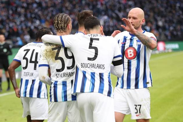 21 01 2024, xtgx, Fußball 2 Bundesliga, Hertha BSC Berlin Fortuna Duesseldorf emspor, v l Torjubel nach dem Tor zum celebrating the goal celebrate 2 1 durch Derry Scherhant Hertha BSC Berlin DFL DFB REGULATIONS PROHIBIT ANY USE OF PHOTOGRAPHS as IMAGE SEQUENCES and or QUASI VIDEO Berlin