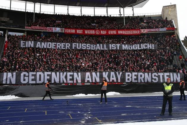 21 01 2024, xtgx, Soccer 2 Bundesliga, Hertha BSC Berlin Fortuna Duesseldorf emspor, v l Fans, Spectators, Ultras, Scarves, Flags, Atmosphere, Fortuna banner poster sign for the deceased Kay Bernstein Mourning DFL DFB REGULATIONS PROHIBIT ANY USE OF PHOTOGRAPHS as IMAGE SEQUENCES and or QUASI VIDEO Berlin