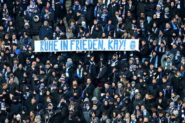 21 01 2024, xtgx, Soccer 2 Bundesliga, Hertha BSC Berlin Fortuna Duesseldorf emspor, v l banner poster sign for the deceased Kay Bernstein mourning DFL DFB REGULATIONS PROHIBIT ANY USE OF PHOTOGRAPHS as IMAGE SEQUENCES and or QUASI VIDEO Berlin