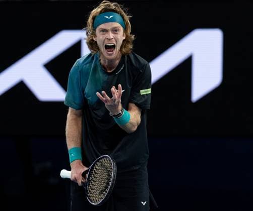 (240121) -- MELBOURNE, Jan. 21, 2024 -- Andrey Rublev of Russia celebrates during the men s singles fourth round match between Andrey Rublev of Russia and Alex De Minaur of Australia at Australian Open tennis tournament in Melbourne, Australia, Jan. 21, 2024. (Photo by Xinhua) (SP)AUSTRALIA-MELBOURNE-TENNIS-AUSTRALIAN OPEN HuxJingchen 
