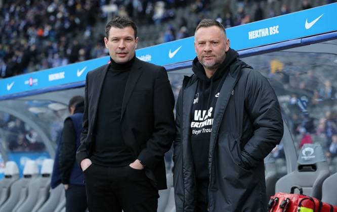 Sporting Director Benjamin Weber, Coach Pal Dardai Action Upper Body Sport Football Soccer DFL 2 Bundesliga Men 18 Matchday Season 2023 2024 21 01 2024 Hertha BSC Berlin vs Fortuna Düsseldorf DFL regulations prohibit any use of photographs as image sequences and or quasi video