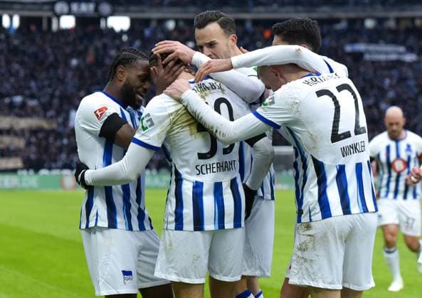 Soccer 2 Bundesliga, Hertha BSC Fortuna Duesseldorf 21 01 2024, xdanx, Soccer 2 Bundesliga, Hertha BSC Fortuna Duesseldorf, v l Deyovaisio Zeefuik Hertha BSC 34 ,Derry Scherhant Hertha BSC 39 ,Haris Tabakovic Hertha BSC 25 ,Marten Winkler Hertha BSC 22 ,Cheering after the goal DFL DFB REGULATIONS PROHIBIT ANY USE OF PHOTOGRAPHS as IMAGE SEQUENCES and or QUASI VIDEO Photo Daniel Lakomski Mix1 Berlin Olympiastadion Berlin Berlin Germany EN Copyright: xDanielxLakomskix