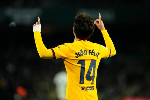 Real Betis v FC Barcelona, Barca - LaLiga EA Sports Joao Felix second striker of Barcelona and Portugal celebrates after scoring his sides first goal during the LaLiga EA Sports match between Real Betis and FC Barcelona at Estadio Benito Villamarin on January 21, 2024 in Seville, Spain. Seville Spain  Copyright: xJosexBretonx originalFilename:breton-realbeti240121_npXEa.jpg