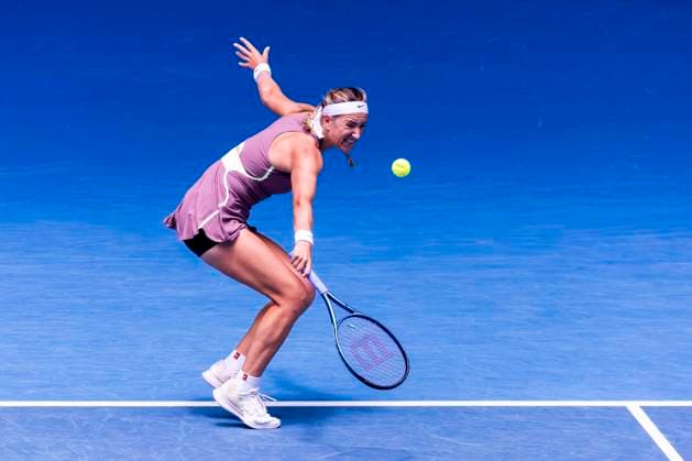 MELBOURNE, VIC - JANUARY 22: Victoria Azarenka of Belarus in action during the 4th round of the 2024 Australian Open on January 22 2024, at Melbourne Park in Melbourne, Australia. (Photo by Jason Heidrich Icon Sportswire) TENNIS: JAN 22 Australian Open EDITORIAL USE ONLY Icon240122047