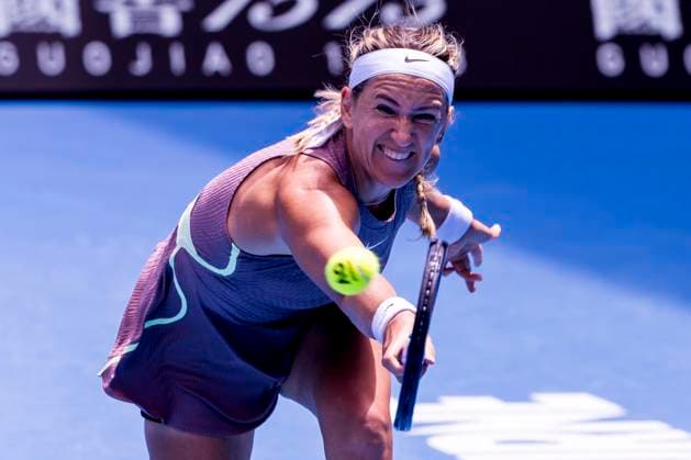 MELBOURNE, VIC - JANUARY 22: Victoria Azarenka of Belarus in action during the 4th round of the 2024 Australian Open on January 22 2024, at Melbourne Park in Melbourne, Australia. (Photo by Jason Heidrich Icon Sportswire) TENNIS: JAN 22 Australian Open EDITORIAL USE ONLY Icon240122074