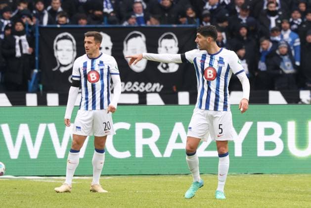DEU, DFL, 2 FBL, Hertha BSC vs Fortuna Duesseldorf, 21 01 2024, Berliner Olympiastadion, Berlin, DEU, DFL, 2 FBL, Hertha BSC vs Fortuna Duesseldorf, im Bild Andreas Bouchalakis Hertha BSC Berlin 5 , Marc Oliver Kempf Hertha BSC Berlin 20 DFL regulations prohibit any use of Photographs as image sequences and or quasi video Foto Juergen Engler nordphoto GmbH nordphotoxGmbHx xEngler nph00076