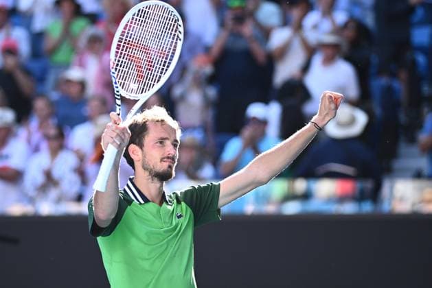 TENNIS AUSTRALIAN OPEN, Daniil Medvedev of Russia cekebrates match point during his 4th round win against Nuno Borges of Portugal on Day 9 of the 2024 Australian Open at Melbourne Park in Melbourne, Monday, January 22, 2024. ( NO ARCHIVING, EDITORIAL USE ONLY, NO USE IN BOOKS WITHOUT CONSENT MELBOURNE VICTORIA AUSTRALIA  Copyright: xJOELxCARRETTx 20240122001892167186