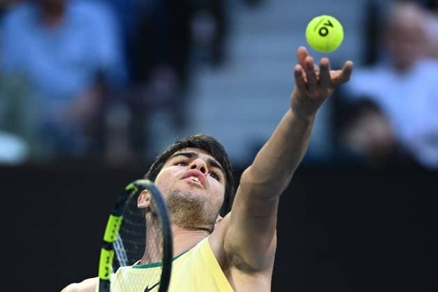 TENNIS AUSTRALIAN OPEN, Carlos Alcaraz of Spain in action during his 4th round match against Miomir Kecmanovic of Serbia on Day 9 of the 2024 Australian Open at Melbourne Park in Melbourne, Monday, January 22, 2024. ( NO ARCHIVING, EDITORIAL USE ONLY, NO USE IN BOOKS WITHOUT CONSENT MELBOURNE VICTORIA AUSTRALIA  Copyright: xJOELxCARRETTx 20240122001892193094