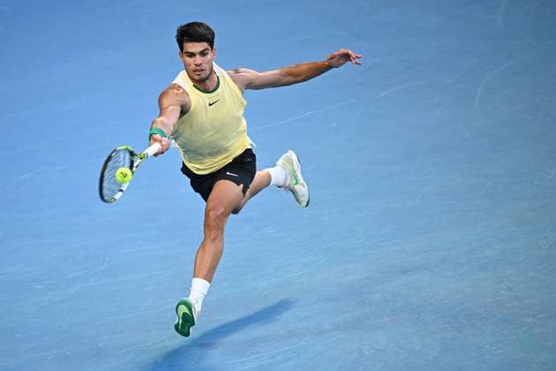 TENNIS AUSTRALIAN OPEN, Carlos Alcaraz of Spain in action during his 4th round match against Miomir Kecmanovic of Serbia on Day 9 of the 2024 Australian Open at Melbourne Park in Melbourne, Monday, January 22, 2024. ( NO ARCHIVING, EDITORIAL USE ONLY, NO USE IN BOOKS WITHOUT CONSENT MELBOURNE VICTORIA AUSTRALIA  Copyright: xJOELxCARRETTx 20240122001892200896