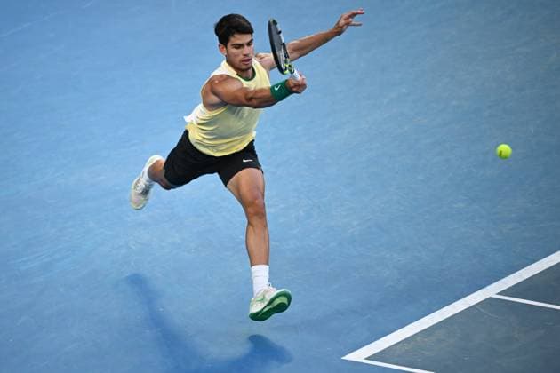 TENNIS AUSTRALIAN OPEN, Carlos Alcaraz of Spain in action during his 4th round match against Miomir Kecmanovic of Serbia on Day 9 of the 2024 Australian Open at Melbourne Park in Melbourne, Monday, January 22, 2024. ( NO ARCHIVING, EDITORIAL USE ONLY, NO USE IN BOOKS WITHOUT CONSENT MELBOURNE VICTORIA AUSTRALIA  Copyright: xJOELxCARRETTx 20240122001892201085